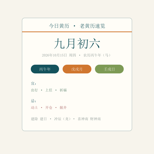 今日黄历日签卡示意