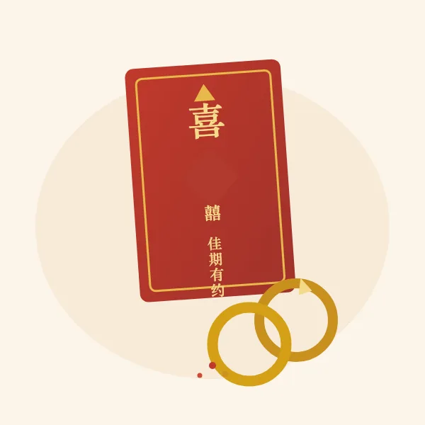喜帖请柬与两枚婚戒摆在一起的图案