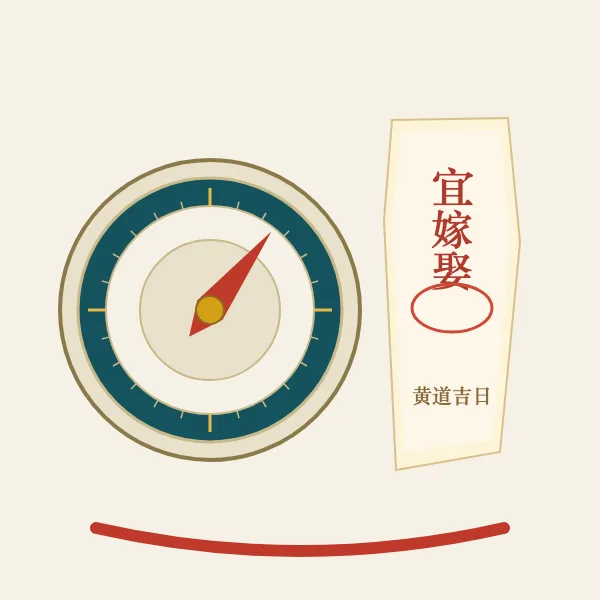 罗盘与宜嫁娶通书页叠放的图案