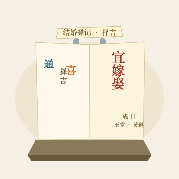 老黄历台历翻开到宜嫁娶一页的图案