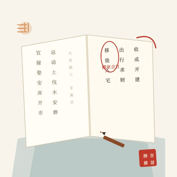老黄历书页用朱笔圈出宜移徙日子的图案